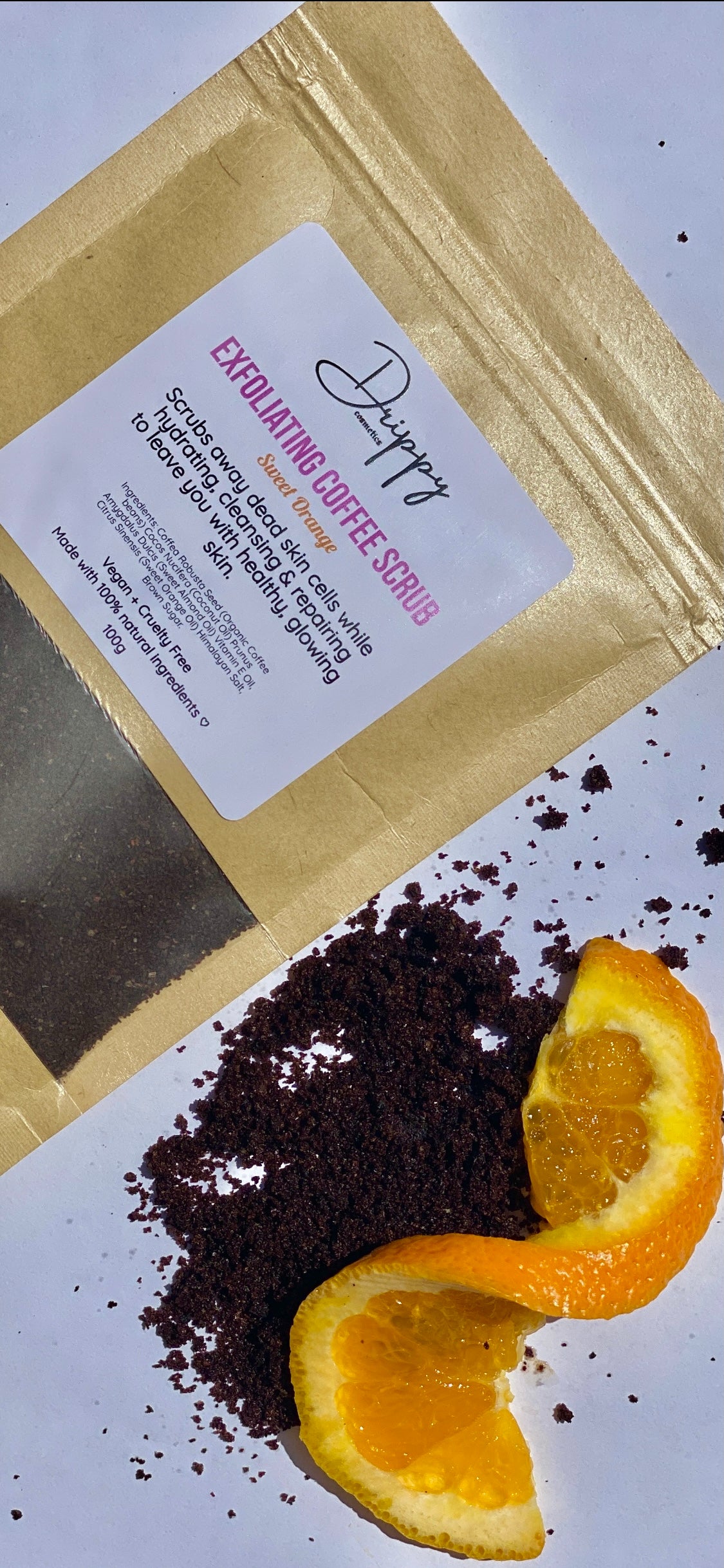 DRIPPY COSMETICSExfoliating Coffee ScrubAn invigorating scrub formulated to give you smooth, polished skin. Made with finely ground organic coffee beans used for exfoliating away dead skin, tightening skin