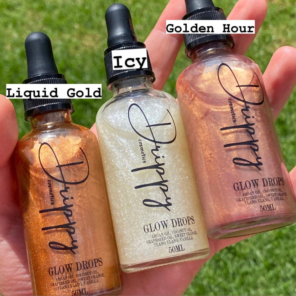 DRIPPY COSMETICSGlow DropsA luxurious blend of rich oils formulated to give you glowing, hydrated &amp; sun kissed skin. Massage all over your body for a goddess like glow. 
This oil penetrat