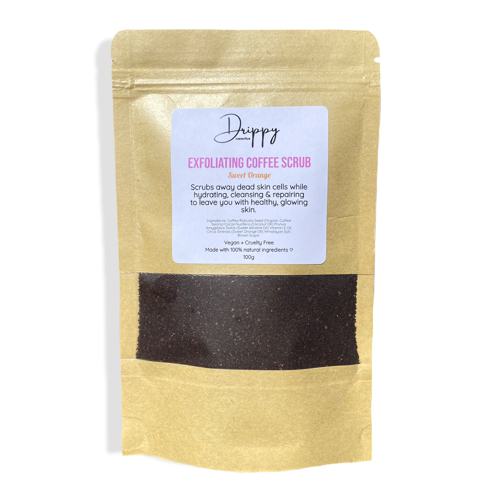 DRIPPY COSMETICSExfoliating Coffee ScrubAn invigorating scrub formulated to give you smooth, polished skin. Made with finely ground organic coffee beans used for exfoliating away dead skin, tightening skin